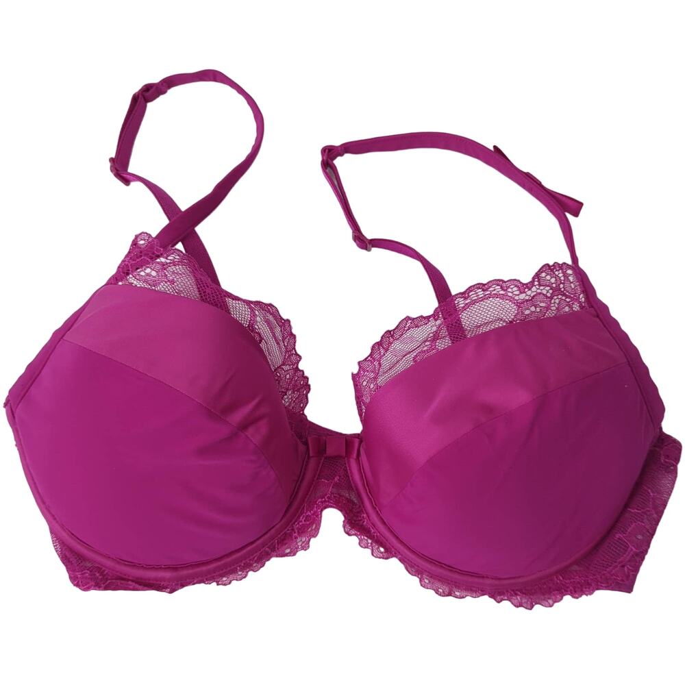 Marie Jo Women's Bra 34D Fuchsia Pink Lace Trim Padded Underwire Excellent
